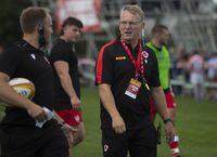 Canada's Senior Men's 15 team coach Kingsley Jones looks on during the team's warm up prior to the first match of the Rugby World Cup 2023 Qualification Pathway against the US Eagles, at the Swilers Rugby Club in St. John's, Saturday, Sept. 4, 2021. THE CANADIAN PRESS/Paul Daly