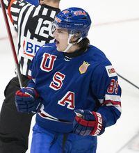 United States' Matthew Knies (89) celebrates his goal against Slovakia during first period IIHF World Junior Hockey Championship action in Red Deer, Alberta on Sunday, December 26, 2021. THE CANADIAN PRESS/Jonathan Hayward