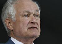Donald Fehr accepting for the late Marvin Miller, speaks about Baseball Hall of Fame inductee Marvin Miller, during an induction ceremony at the Clark Sports Center on Wednesday, Sept. 8, 2021, in Cooperstown, N.Y. (AP Photo/Hans Pennink)



