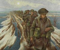 War artist Alex Colville depicts exhausted Canadian soldiers in Infantry, near Nijmegen, Holland.
