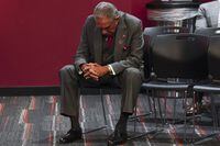Atlanta Falcons owner Arthur Blank listens to a news conference after an NFL football game against the Washington Commanders, Sunday, Oct. 15, 2023, in Atlanta. Washington Commanders won 24-16. (AP Photo/John Bazemore)