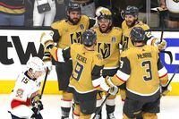 LAS VEGAS, NEVADA - JUNE 05:  Jonathan Marchessault #81 of the Vegas Golden Knights is congratulated by his teammates after scoring a goal against the Florida Panthers during the third period in Game Two of the 2023 NHL Stanley Cup Final at T-Mobile Arena on June 05, 2023 in Las Vegas, Nevada. (Photo by Ethan Miller/Getty Images)