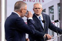 FILE PHOTO: Australian Prime Minister Scott Morrison and Opposition Leader Anthony Albanese during the second leaders' debate of the 2022 federal election campaign at the Nine studio in Sydney, Australia May 8, 2022. Alex Ellinghausen/Pool via REUTERS/File Photo