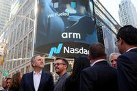 Arm executives and CEO Rene Haas gather outside Nasdaq Market site, as Softbank's Arm, chip design firm, holds an initial public offering (IPO), in New York, U.S., September 14, 2023.