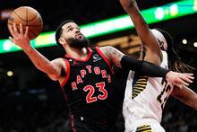 Toronto Raptors guard Fred VanVleet (23) shoots around Indiana Pacers forward Isaiah Jackson (22) during first half NBA basketball action in Toronto on Wednesday, March 22, 2023. THE CANADIAN PRESS/Frank Gunn
