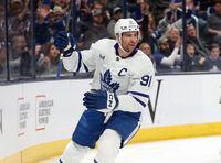 Toronto Maple Leafs forward John Tavares celebrates his goal against the Columbus Blue Jackets during the first period of an NHL hockey game in Columbus, Ohio, Friday, Feb. 10, 2023. The Maple Leafs won 3-0. (AP Photo/Paul Vernon)