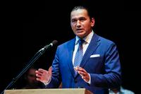 Manitoba NDP Leader Wab Kinew says if his party wins the Oct. 3 provincial election it would temporarily stop collecting the provincial fuel tax. Kinew speaks to party faithful during an event at the Canadian Mennonite University in Winnipeg on Wednesday, Aug. 16, 2023. THE CANADIAN PRESS/John Woods</div>