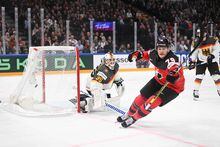 Canada's forward Sammy Blais (C) scores the 1-1 goal past Germany's goalkeeper Mathias Niederberger (L) during the IIHF Ice Hockey Men's World Championships final match betweeen Canada and Germany in Tampere, Finland, on May 28, 2023. (Photo by Jonathan NACKSTRAND / AFP) (Photo by JONATHAN NACKSTRAND/AFP via Getty Images)