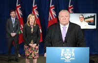Premier Doug Ford, joined by Associate Minister of Energy Bill Walker, left, Deputy Premier and Minister of Health Christine Elliott, second from left, and Minister of Energy, Northern Development and Mines and Minister of Indigenous Affairs Greg Rickford via video conferencing, as they make an announcement in Toronto on Monday, June 1, 2020. THE CANADIAN PRESS/Steve Russell - POOL