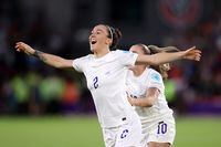 SHEFFIELD, ENGLAND - JULY 26: Lucy Bronze of England celebrates scoring their side's second goal during the UEFA Women's Euro 2022 Semi Final match between England and Sweden at Bramall Lane on July 26, 2022 in Sheffield, England. (Photo by Naomi Baker/Getty Images)