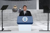 FILE PHOTO: South Korean President Yoon Suk-yeol speaks during a ceremony marking Korean Memorial Day at the Seoul National cemetery on June 06, 2022 in Seoul, South Korea. Chung Sung-Jun/Pool via REUTERS