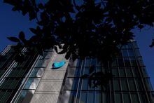 FILE PHOTO: A view of the Twitter logo at its corporate headquarters in San Francisco, California, U.S. November 18, 2022. REUTERS/Carlos Barria/File Photo