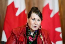 Senator Marilou McPhedran holds a press conference on the 40th Anniversary of the Charter of Rights and Freedoms in Ottawa, Thursday, April 14, 2022. THE CANADIAN PRESS/Sean Kilpatrick