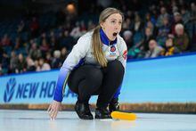 British Columbia skip Clancy Grandy calls out to the sweepers while playing Manitoba in the playoffs at the Scotties Tournament of Hearts, in Kamloops, B.C., on Friday, February 24, 2023. THE CANADIAN PRESS/Darryl Dyck