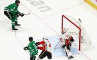 Jamie Oleksiak of the Dallas Stars scores the game-winning goal at 19:20 of the third period against the Calgary Flames in Game Two of the Western Conference First Round during the 2020 NHL Stanley Cup Playoffs at Rogers Place in Edmonton on Aug. 13, 2020.