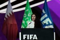 Norwegian soccer official Lise Klaveness speaks during the FIFA congress at the Doha Exhibition and Convention Center in Doha, Qatar, Thursday, March 31, 2022. (AP Photo/Hassan Ammar)