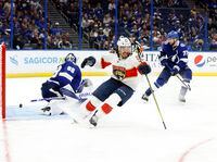 May 20, 2021; Tampa, Florida, USA; Florida Panthers left wing Ryan Lomberg (94) reacts after scoring the game winning goal on Tampa Bay Lightning goaltender Andrei Vasilevskiy (88) during overtime in game three of the first round of the 2021 Stanley Cup Playoffs at Amalie Arena. Mandatory Credit: Kim Klement-USA TODAY Sports