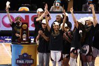 Apr 4, 2021; San Antonio, TX, USA; Stanford Cardinal players celebrate after winning the national championship game of the women's Final Four of the 2021 NCAA Tournament against the Arizona Wildcats at Alamodome. Mandatory Credit: Troy Taormina-USA TODAY Sports