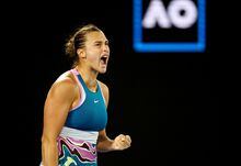 Tennis - Australian Open - Melbourne Park, Melbourne, Australia - January 26, 2023 Belarus’ Aryna Sabalenka reacts during her semi final match against Poland’s Magda Linette REUTERS/Carl Recine     TPX IMAGES OF THE DAY
