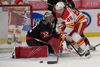 Mar 22, 2021; Ottawa, Ontario, CAN; Calgary Flames left wing Andrew Mangiapane (88) moves in for a shot against Ottawa Senators goalie Filip Gustavsson (32) in the first period at the Canadian Tire Centre. Mandatory Credit: Marc DesRosiers-USA TODAY Sports