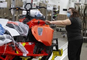 A ski-doo has a final inspection on the assembly line making snowmobiles at BRP Inc., in Valcourt, Quebec, October 8, 2020.