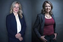 Alberta NDP leader Rachel Notley in Calgary on May 12, 2023 and Leader of the United Conservative Party in Alberta Danielle Smith in Calgary on May 3, 2023. Photos by Todd Korol/The Globe and Mail