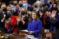 FILE PHOTO: Canada's Finance Minister Chrystia Freeland gets standing ovation, as she delivers the 2022-23 budget in the House of Commons on Parliament Hill in Ottawa, Ontario, Canada, April 7, 2022. REUTERS/Blair Gable/File Photo