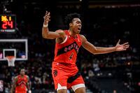Toronto Raptors forward Scottie Barnes (4) reacts after a play during second half NBA basketball action against the Milwaukee Bucks in Toronto on Wednesday, January 4, 2023. THE CANADIAN PRESS/Christopher Katsarov