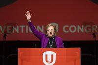Newly elected Unifor National President Lana Payne delivers remarks at the Unifor National convention in Toronto, on Wednesday, August 10, 2022. (Christopher Katsarov/The Globe and Mail)