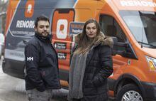 Eamonn O'Rourke (L) and Joelle Chartrand, co-founders of RenoRun, a hardware deliver company targeting on-site general contractors, pose outside their offices in Montreal, Quebec, January 27, 2022.   (Christinne Muschi /The Globe and Mail)