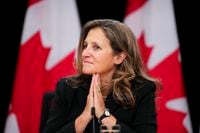 Deputy Prime Minister and Minister of Finance Chrystia Freeland holds a press conference in the National Press Theatre in Ottawa on Thursday, Oct. 5, 2023.  THE CANADIAN PRESS/Sean Kilpatrick