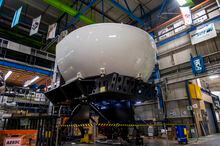 The exterior of a CAE flight simulator during a press tour at the CAE factory in Montreal on Aug. 12, 2020.