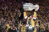LAS VEGAS, NEVADA - JUNE 13: Mark Stone #61 of the Vegas Golden Knights hoists the Stanley Cup following their victory over the Florida Panthers in Game Five of the 2023 NHL Stanley Cup Final at T-Mobile Arena on June 13, 2023 in Las Vegas, Nevada. The Golden Knights defeated the Panthers 9-3. (Photo by Christian Petersen/Getty Images)