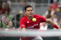 Canada's Milos Raonic returns a shot against the Netherlands' Scott Griekspoor during the first set of their Davis Cup tie in Toronto, on Sept. 16, 2018.
