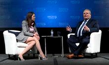Ontario Premier Doug Ford participates in a discussion with moderator Danielle Smith, radio host and former leader of Alberta's Wildrose Party, after making a keynote address at the Manning Networking Conference in Ottawa on Saturday, March 23, 2019. THE CANADIAN PRESS/Justin Tang