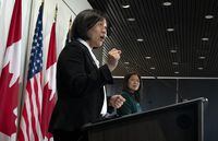 Minister of Economic Development, Minister of International Trade and Minister of Small Business and Export Promotion Mary Ng, right, looks on as United States Trade Representative Katherine Tai speaks during a joint news conference in Ottawa, Thursday, May 5, 2022. Two U.S. lawmakers are urging the Biden administration’s trade ambassador to make a deal with Canada on softwood lumber. THE CANADIAN PRESS/Adrian Wyld