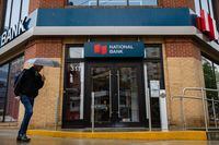 A National Bank branch on King Street East in Toronto. The Montreal-based bank’s profit jumped 111 per cent year over year to $800-million, adding to a streak of outsized earnings reported by Canada’s major banks this week.May 28, 2021 (Melissa Tait / The Globe and Mail)