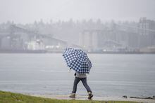 A pedestrian uses an umbrella to shield themselves from the heavy rain as they walk along the shore of the harbour in Vancouver Tuesday, January 11, 2022. THE CANADIAN PRESS/Jonathan Hayward