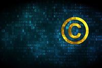 Law concept: pixelated Copyright icon on digital background, empty copyspace for card, text, advertising, 3d render