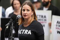 Canada's actors, directors and musicians are sounding the alarm over artificial intelligence, saying it threatens their livelihood and reputations. Actor Eleanor Noble and National President of ACTRA. the Alliance of Canadian Cinema Television Radio Artists (ACTRA) speaks at a rally in Toronto, Saturday, Sept. 9, 2023. THE CANADIAN PRESS/Chris Young