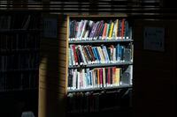 Books sit on a shelf at an Etobicoke library, in Toronto, Sunday, April 16, 2023. THE CANADIAN PRESS/Chris Young 