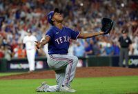 Oct 23, 2023; Houston, Texas, USA; Texas Rangers pitcher Jose Leclerc (25) reacts after winning game seven in the ALCS against the Houston Astros for the 2023 MLB playoffs at Minute Maid Park. Mandatory Credit: Thomas Shea-USA TODAY Sports