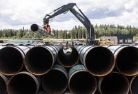 Pipe for the Trans Mountain pipeline is unloaded in Edson, Alta. on Tuesday June 18, 2019. Lawyers for the Canadian government say it conducted a new round of consultations with Indigenous groups about the Trans Mountain pipeline expansion that was reasonable, adequate and fair. THE CANADIAN PRESS/Jason Franson