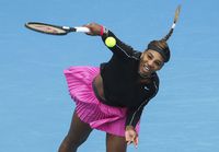 United States' Serena Williams serves to Australia's Daria Gavrilova during a tuneup tournament ahead of the Australian Open tennis championships in Melbourne, Australia, Monday, Feb. 1, 2021. (AP Photo/Hamish Blair)