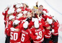 Team Canada celebrates defeating the United States to win gold at the IIHF Women's World Championship in Calgary, Tuesday, Aug. 31, 2021. Canada will host the 2023 women's world hockey championship. THE CANADIAN PRESS/Jeff McIntosh