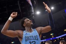 Memphis Grizzlies forward Jaren Jackson Jr. reacts during the second half of Game 5 of the team's first-round NBA basketball playoff series against the Los Angeles Lakers on Wednesday, April 26, 2023, in Memphis, Tenn. (AP Photo/Brandon Dill)