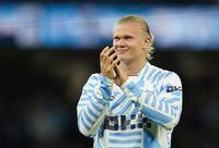 Manchester City's Erling Haaland reacts after the English Premier League soccer match between Manchester City and Nottingham Forest at Etihad Stadium in Manchester, England, Wednesday, Aug 31, 2022. (AP Photo/Dave Thompson)