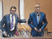 Defense attorney Eric Nelson and Derek Chauvin, the former Minneapolis police officer facing murder charges in the death of George Floyd, during jury selection in Chauvin's trial in Minneapolis, Minn., in a March 15, 2021, courtroom sketch.