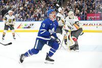Toronto Maple Leafs' Max Domi reacts after shooting wide of Vegas Golden Knights goaltender Adin Hill's net during second   period NHL hockey action in Toronto, on Tuesday, February 27, 2024.THE CANADIAN PRESS/Chris Young