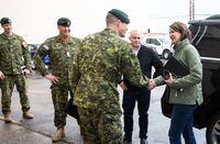 Alberta Premier Danielle Smith meets with members of the military in Edmonton who are on stand-by to help with the wildfires before she gave an update on the situation in Alberta on Monday May 8, 2023. THE CANADIAN PRESS/Jason Franson